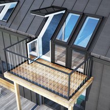 Rysunek okno balkonowe VELUX GEL. - taras  o niezależnej konstrukcji zewnętrznej Konstrukcja ze ścianką kolankową. Dach o nachyleniu 35-53 stopnie.