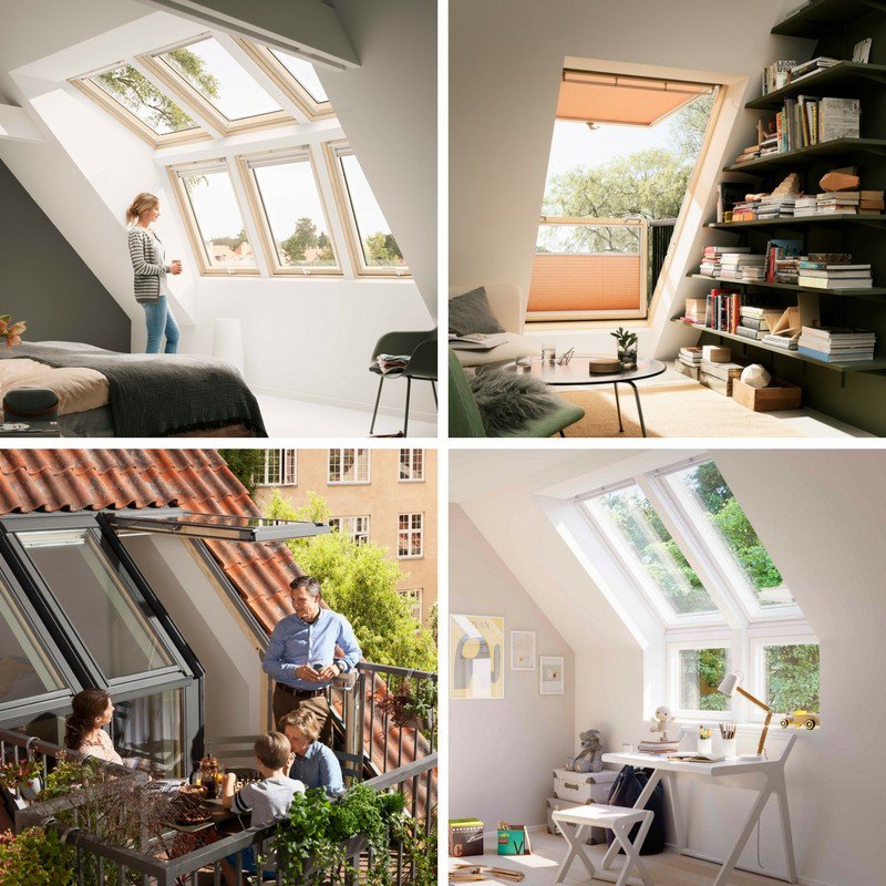 Produkty z kolekcji Więcej Przestrzeni VELUX Lukarna, balkon dachowy, okno balkonowe i elementy doświetlające.