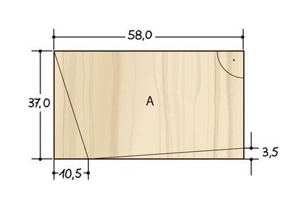Kąt między siedziskiem a oparciem wynosi 100°. Zgodnie z tym trzeba także ukośnie przyciąć krawędzie obu bocznych wyściółek z gąbki. Najłatwiej zrobić to, gdy przerysujemy wymiary z powyższego rysunku na naszą sklejkę.